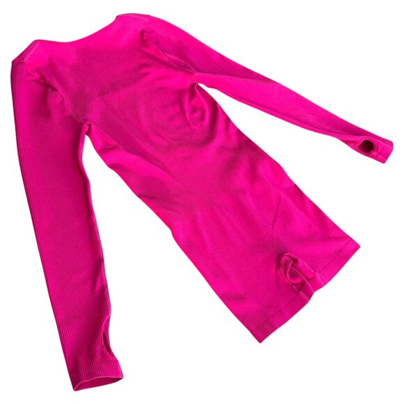 Hot Pink Ribbed Long Sleeve Romper – Square Stretch One-Piece, L - Picture 2 of 3